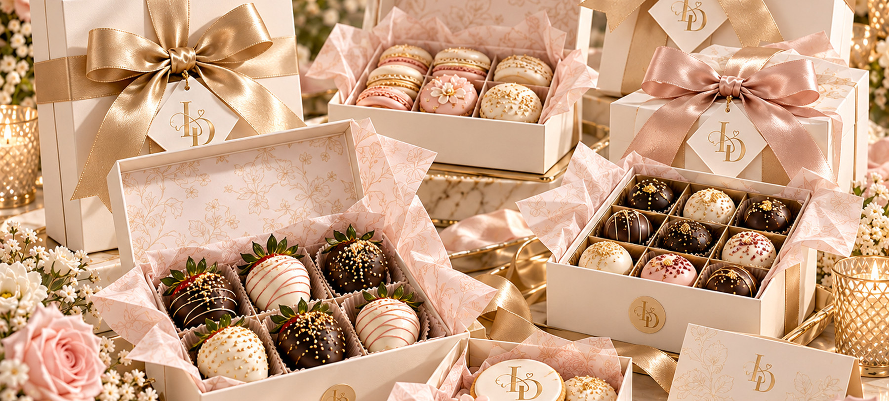 Premium La Dulcería gift boxes with coordinated sweets and satin ribbon